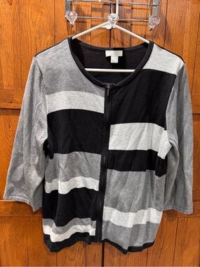 Christopher & Banks Black, Gray & White Striped Zip Jacket